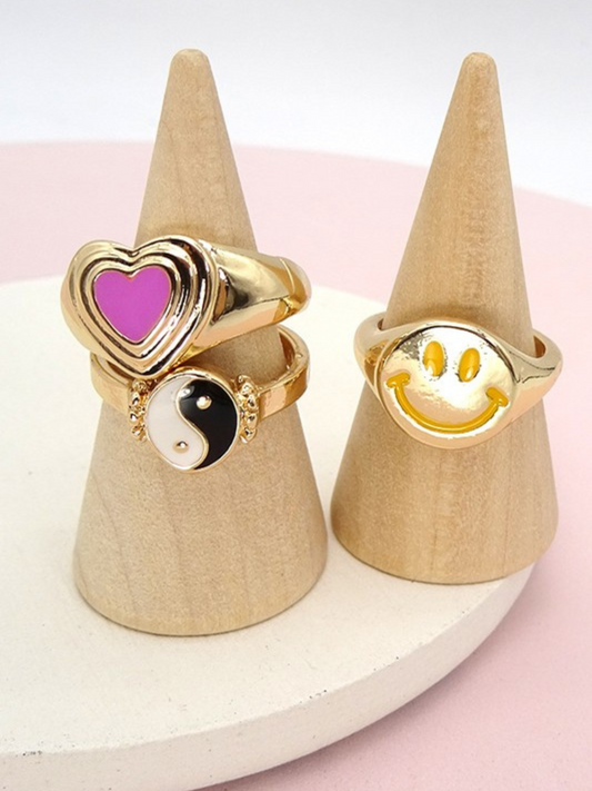 YING YANG SMILY HEART 3 RING SET