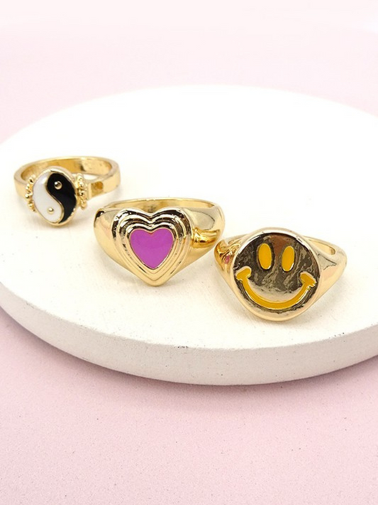 YING YANG SMILY HEART 3 RING SET