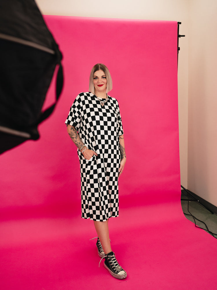 BLENDING IN IS BORING CHECKERED RIBBED DRESS S-XL