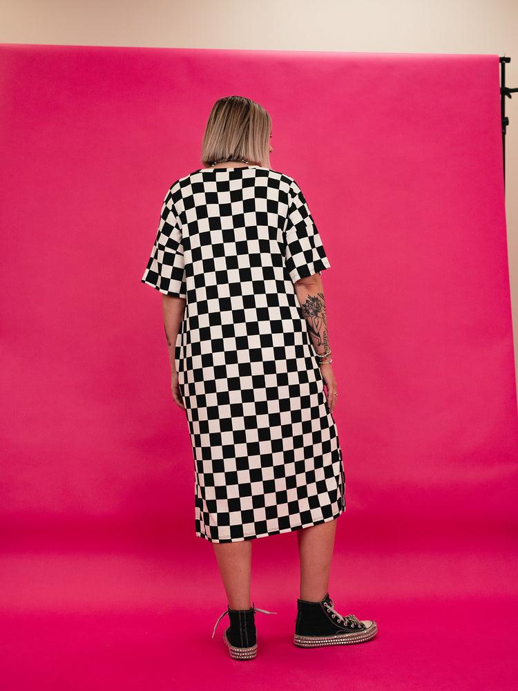 BLENDING IN IS BORING CHECKERED RIBBED DRESS S-XL