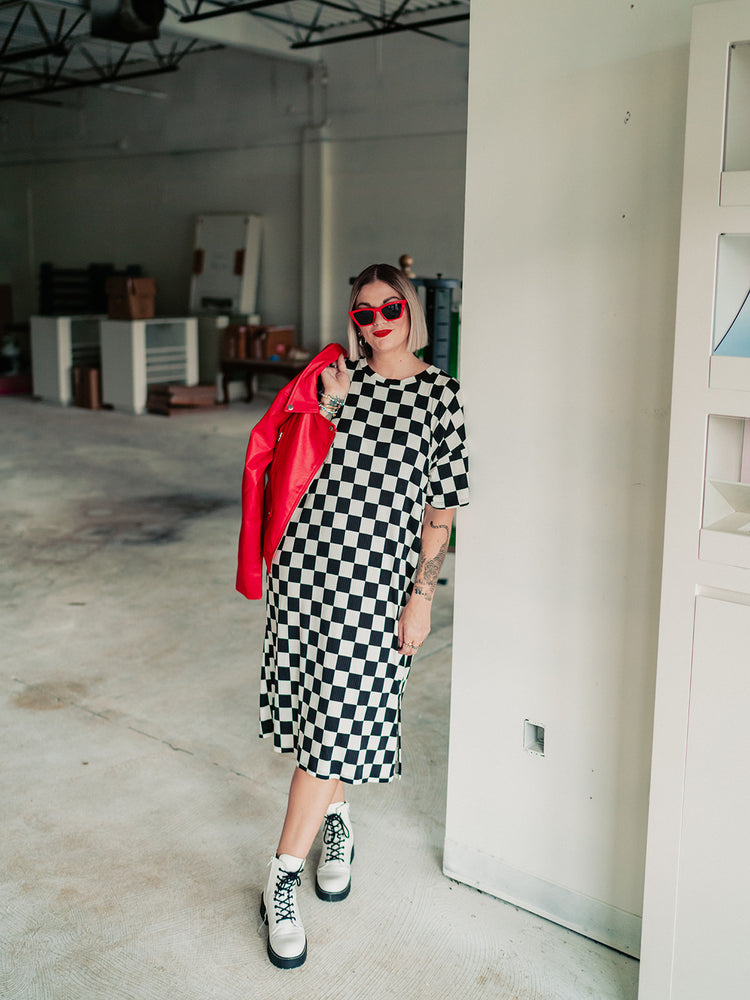 BLENDING IN IS BORING CHECKERED RIBBED DRESS S-XL