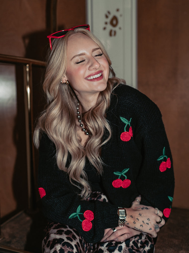 CHERRY BOMB KNIT CARDIGAN IN BLACK