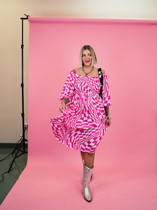 PUNK ROCK PRINCESS CHECKERED MIDI DRESS IN PARTY PINK