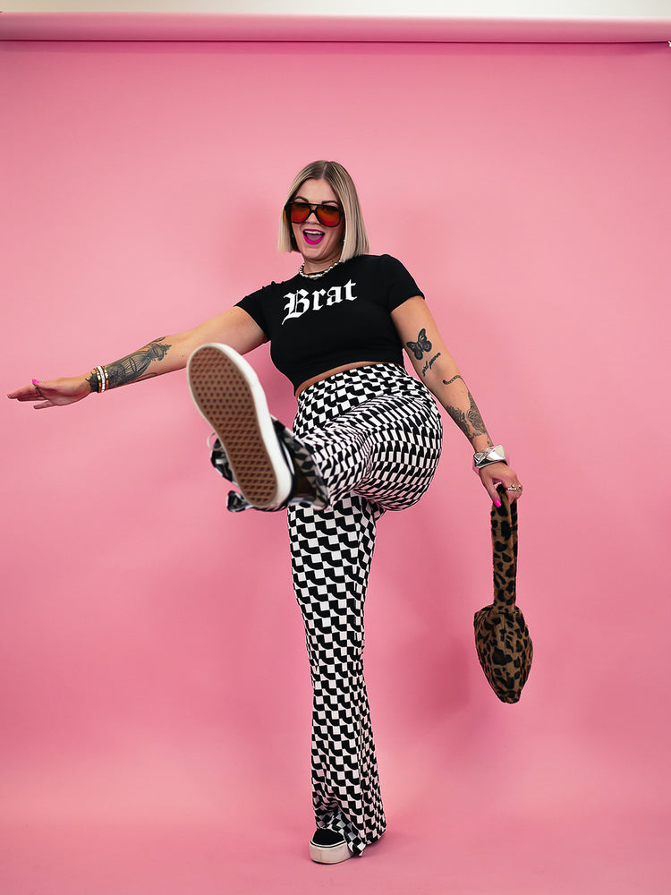 SCENE QUEEN GEO PRINT RIBBED FLARE PANTS