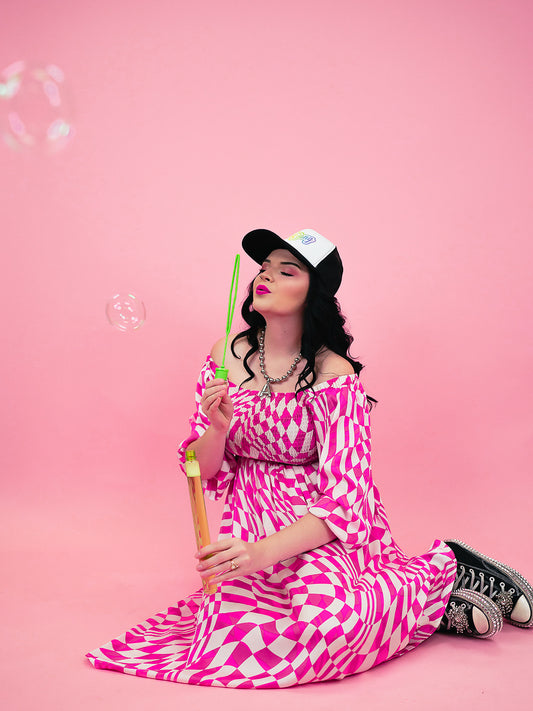 PUNK ROCK PRINCESS CHECKERED MIDI DRESS IN PARTY PINK